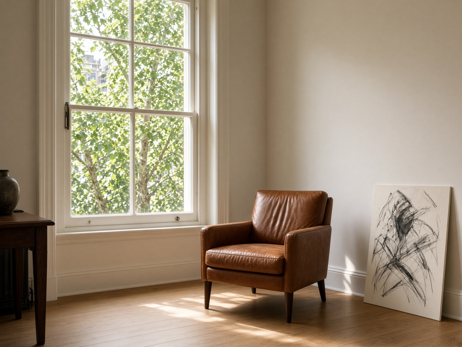 Morning light in a townhouse office.