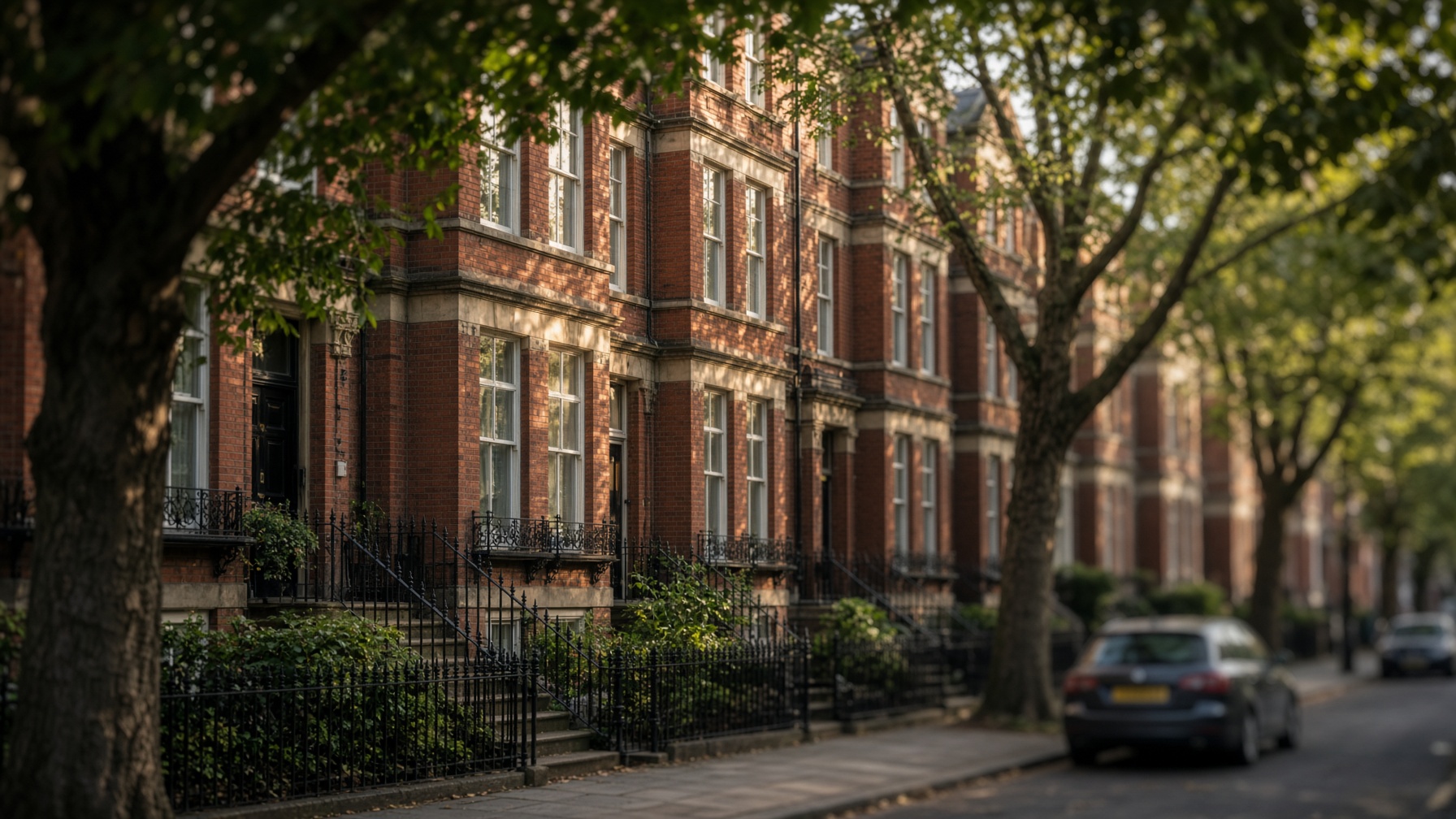 A tree-lined street of brick townhouses in Edgbaston.